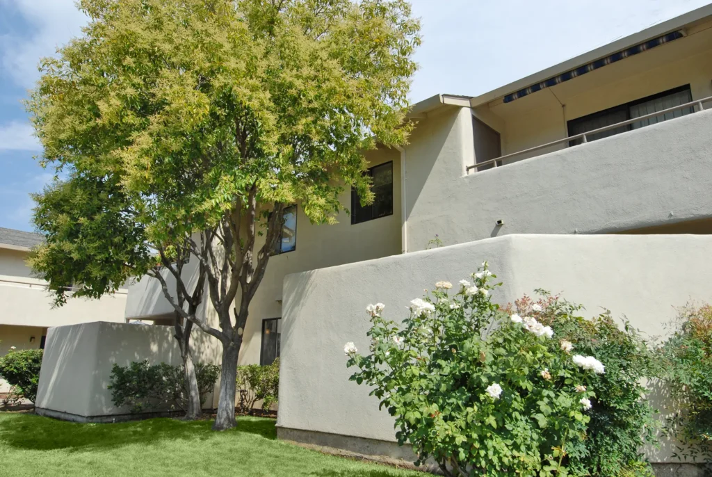 Green space between residential buildings with big trees and lush landscaping