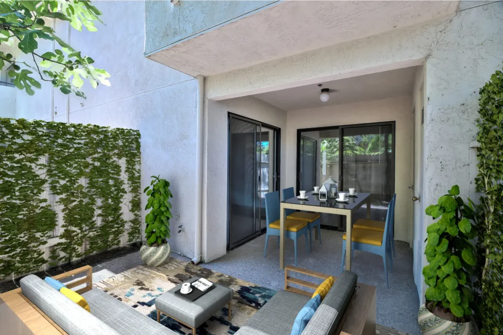 Outdoor patio with lounge seating and tables