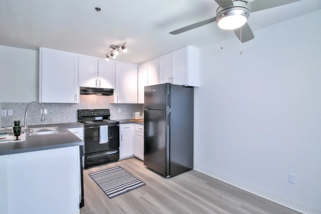 Kitchen with black appliances and tile backsplash