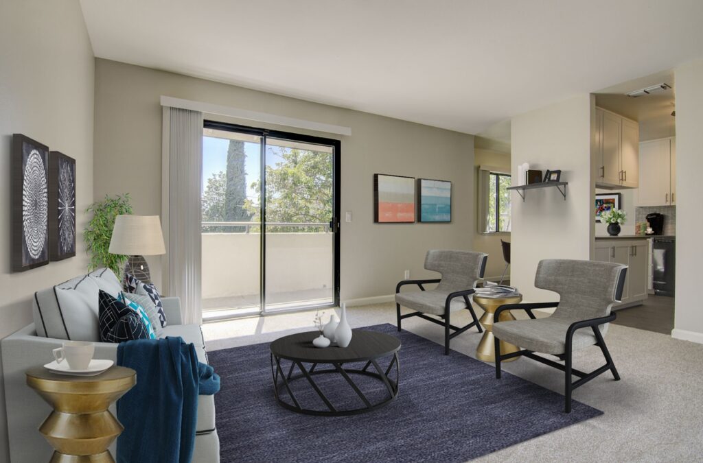 Living room looking into the kitchen and dining